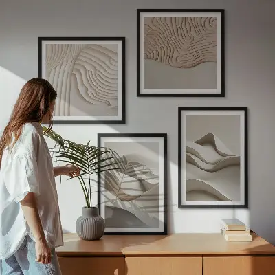 Set de 4 cuadros para salón diseño de ondas abstractas en color beige