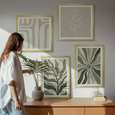 Set de cuadros modernos con diseños de plantas minimalistas en color verde para salón