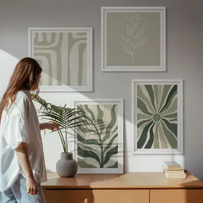 Set de cuadros modernos con diseños de plantas minimalistas en color verde para salón