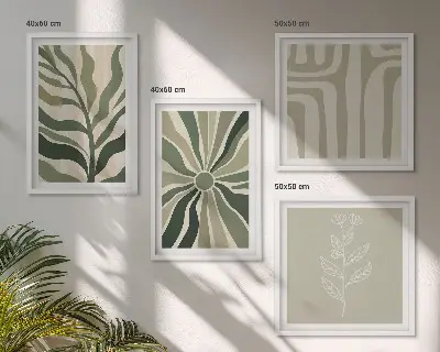 Set de cuadros modernos con diseños de plantas minimalistas en color verde para salón