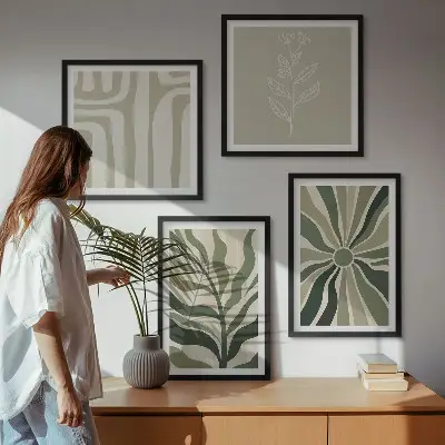 Set de cuadros modernos con diseños de plantas minimalistas en color verde para salón