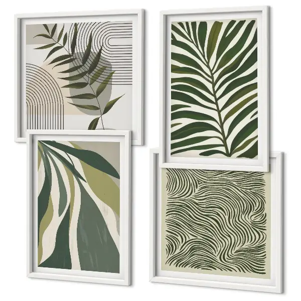 Set de cuadros modernos para salón con ilustraciones de hojas y olas en tonos pastel
