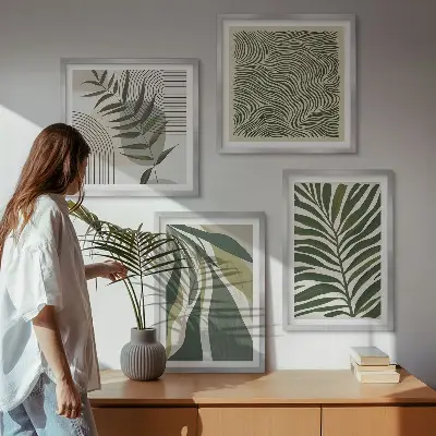 Set de cuadros modernos para salón con ilustraciones de hojas y olas en tonos pastel