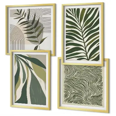 Set de cuadros modernos para salón con ilustraciones de hojas y olas en tonos pastel