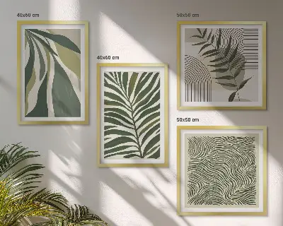 Set de cuadros modernos para salón con ilustraciones de hojas y olas en tonos pastel