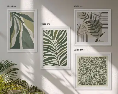 Set de cuadros modernos para salón con ilustraciones de hojas y olas en tonos pastel