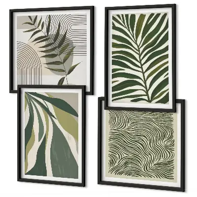 Set de cuadros modernos para salón con ilustraciones de hojas y olas en tonos pastel
