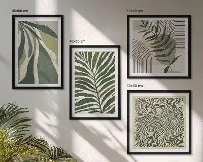 Set de cuadros modernos para salón con ilustraciones de hojas y olas en tonos pastel