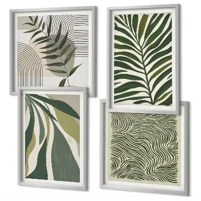 Set de cuadros modernos para salón con ilustraciones de hojas y olas en tonos pastel