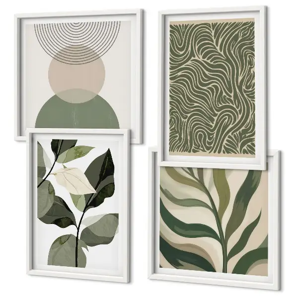 Set de cuadros modernos para salón con motivos de hojas y formas geométricas abstractas