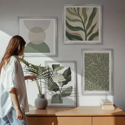 Set de cuadros modernos para salón con motivos de hojas y formas geométricas abstractas