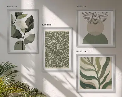 Set de cuadros modernos para salón con motivos de hojas y formas geométricas abstractas