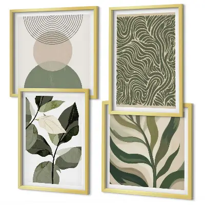 Set de cuadros modernos para salón con motivos de hojas y formas geométricas abstractas