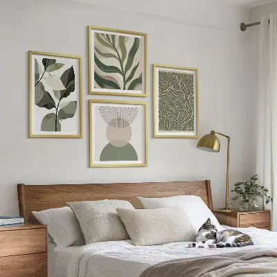 Set de cuadros modernos para salón con motivos de hojas y formas geométricas abstractas