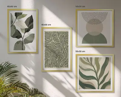 Set de cuadros modernos para salón con motivos de hojas y formas geométricas abstractas