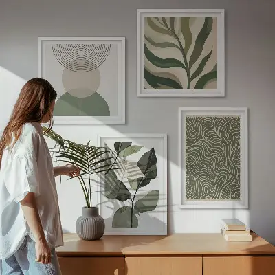 Set de cuadros modernos para salón con motivos de hojas y formas geométricas abstractas