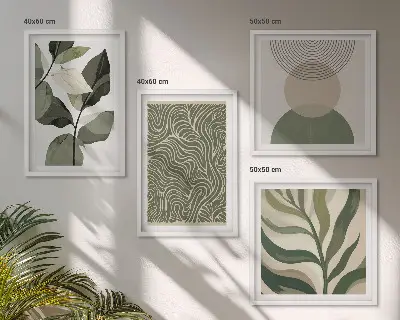 Set de cuadros modernos para salón con motivos de hojas y formas geométricas abstractas