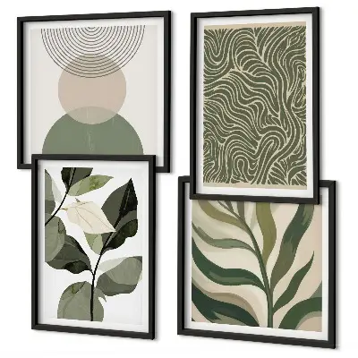Set de cuadros modernos para salón con motivos de hojas y formas geométricas abstractas