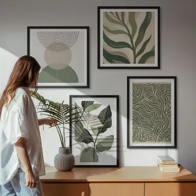 Set de cuadros modernos para salón con motivos de hojas y formas geométricas abstractas