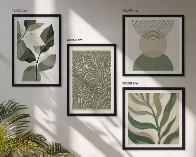 Set de cuadros modernos para salón con motivos de hojas y formas geométricas abstractas