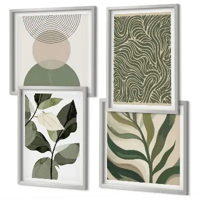 Set de cuadros modernos para salón con motivos de hojas y formas geométricas abstractas