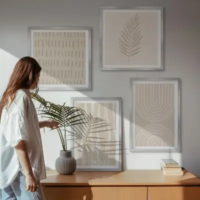 Set de 4 cuadros para salón con patrones de plantas en color beige