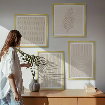 Set de 4 cuadros para salón con patrones de plantas en color beige