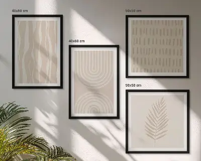 Set de 4 cuadros para salón con patrones de plantas en color beige