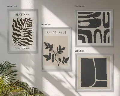 Galería de pared con pósteres minimalistas de plantas