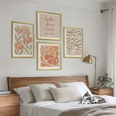 Set de 4 cuadros para salón con diseño de flores abstractas en tonos pastel