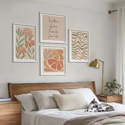 Set de 4 cuadros para salón con diseño de flores abstractas en tonos pastel