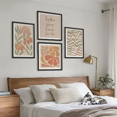 Set de 4 cuadros para salón con diseño de flores abstractas en tonos pastel