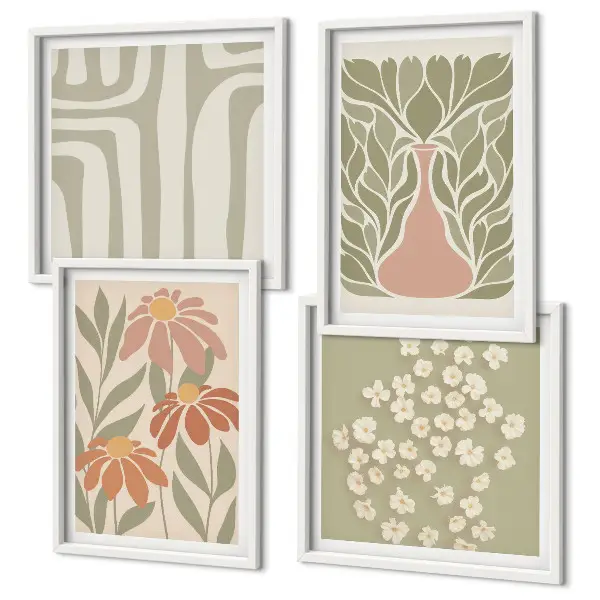 Set de cuadros modernos para salón con diseño floral de estilo boho minimalista