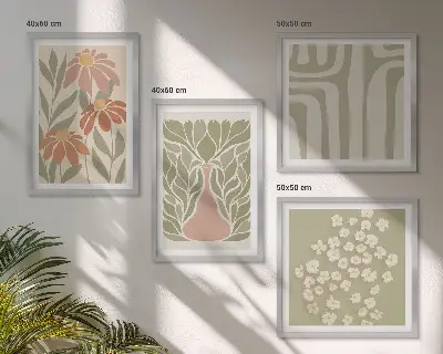 Set de cuadros modernos para salón con diseño floral de estilo boho minimalista