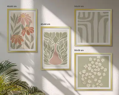 Set de cuadros modernos para salón con diseño floral de estilo boho minimalista