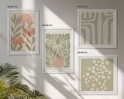 Set de cuadros modernos para salón con diseño floral de estilo boho minimalista