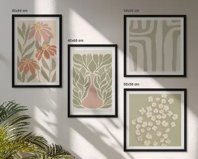Set de cuadros modernos para salón con diseño floral de estilo boho minimalista