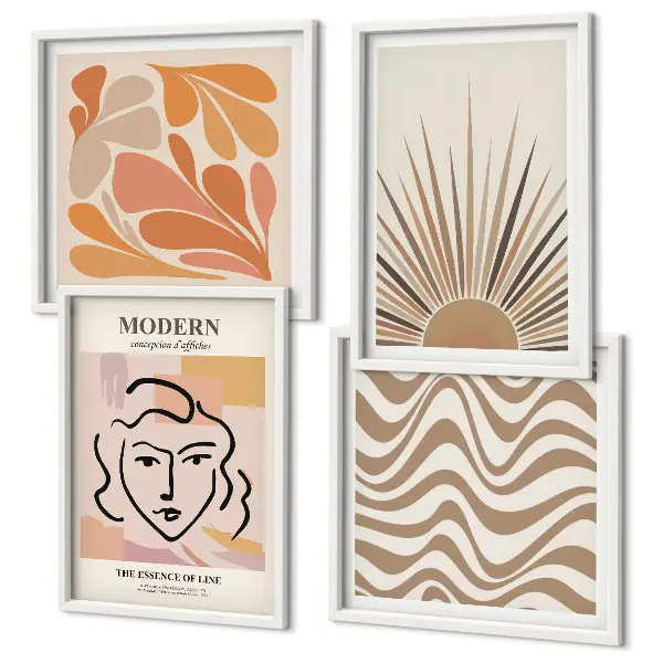 Set de 4 cuadros decorativos para salón con diseño de formas y soles estilo boho pastel