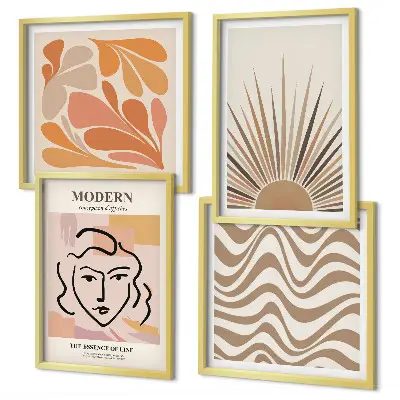 Set de 4 cuadros decorativos para salón con diseño de formas y soles estilo boho pastel