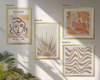 Set de 4 cuadros decorativos para salón con diseño de formas y soles estilo boho pastel