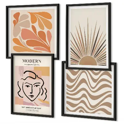 Set de 4 cuadros decorativos para salón con diseño de formas y soles estilo boho pastel