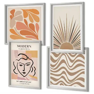 Set de 4 cuadros decorativos para salón con diseño de formas y soles estilo boho pastel