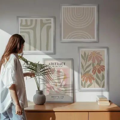 Set de cuadros modernos para salón con diseño de formas abstractas de plantas