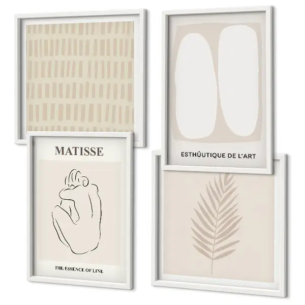 Set de cuadros modernos para salón con diseño de líneas y formas en tonos beige y blanco