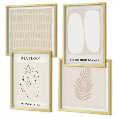 Set de cuadros modernos para salón con diseño de líneas y formas en tonos beige y blanco