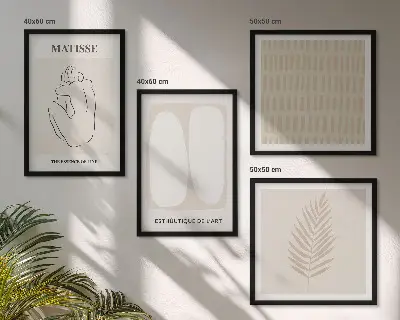 Set de cuadros modernos para salón con diseño de líneas y formas en tonos beige y blanco