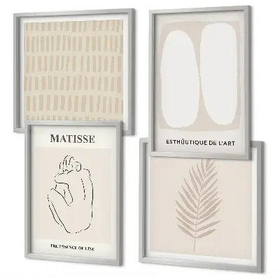 Set de cuadros modernos para salón con diseño de líneas y formas en tonos beige y blanco