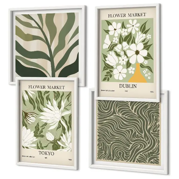 Galería de pared con decoraciones bohemias de estampados de plantas