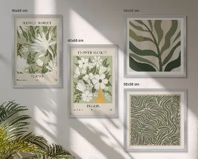 Galería de pared con decoraciones bohemias de estampados de plantas