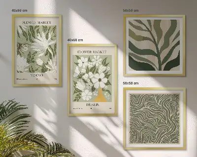 Galería de pared con decoraciones bohemias de estampados de plantas